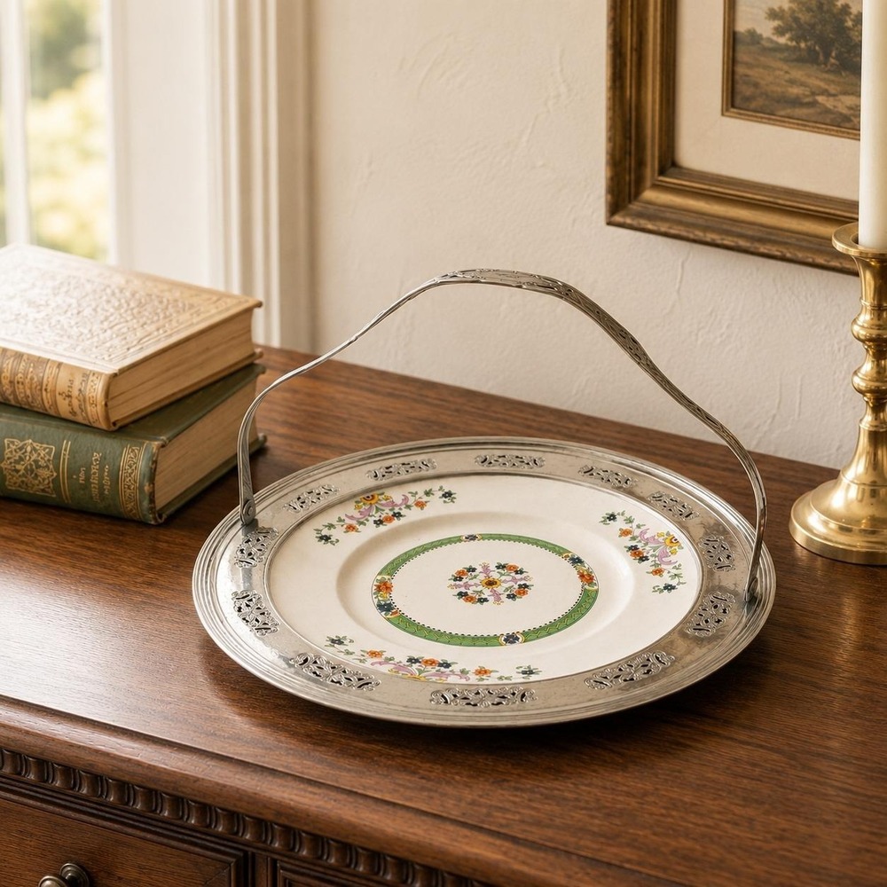 Vintage Hall China‎ Lustreware Cake Plate, Chrome Forman Bros Handle Tray